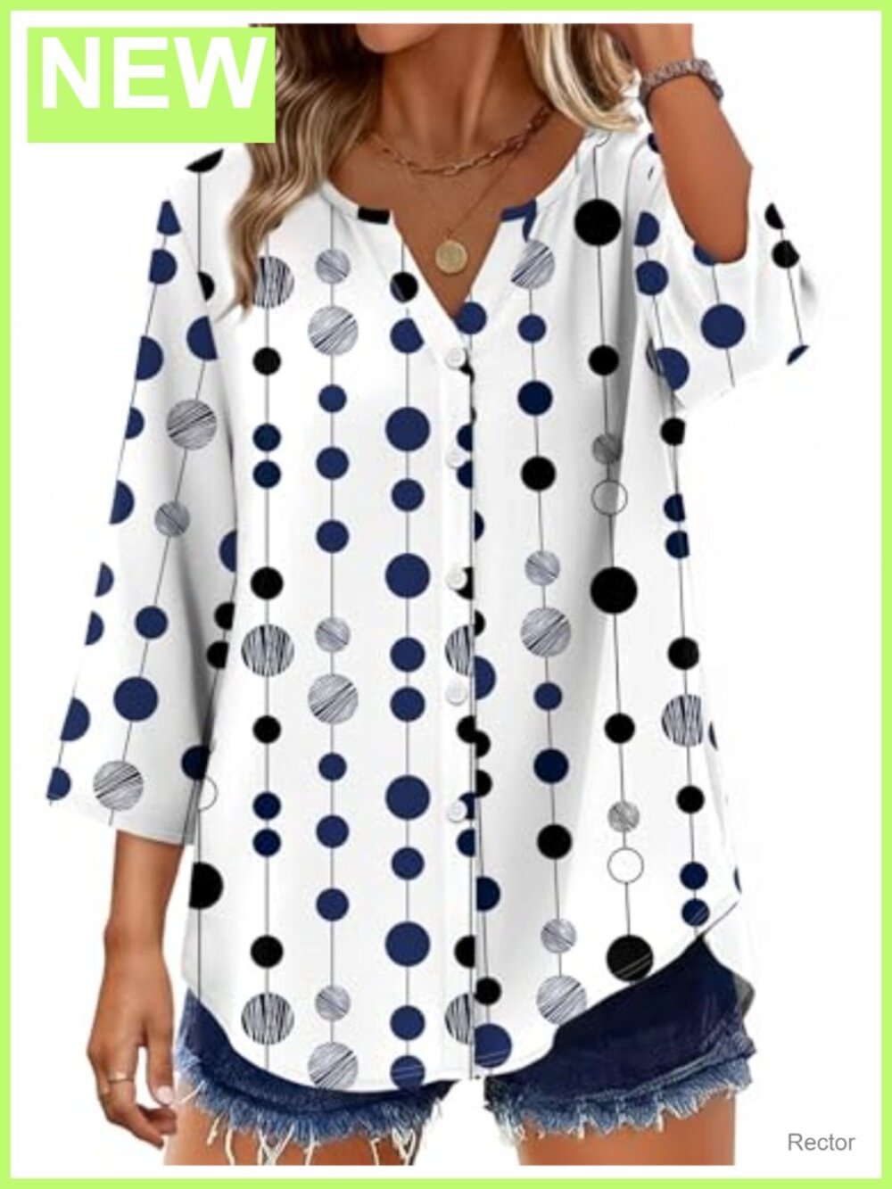 Women's Button Down Shirt 3/4 Sleeve V-Neck Loose Fit Blouse Business Casual